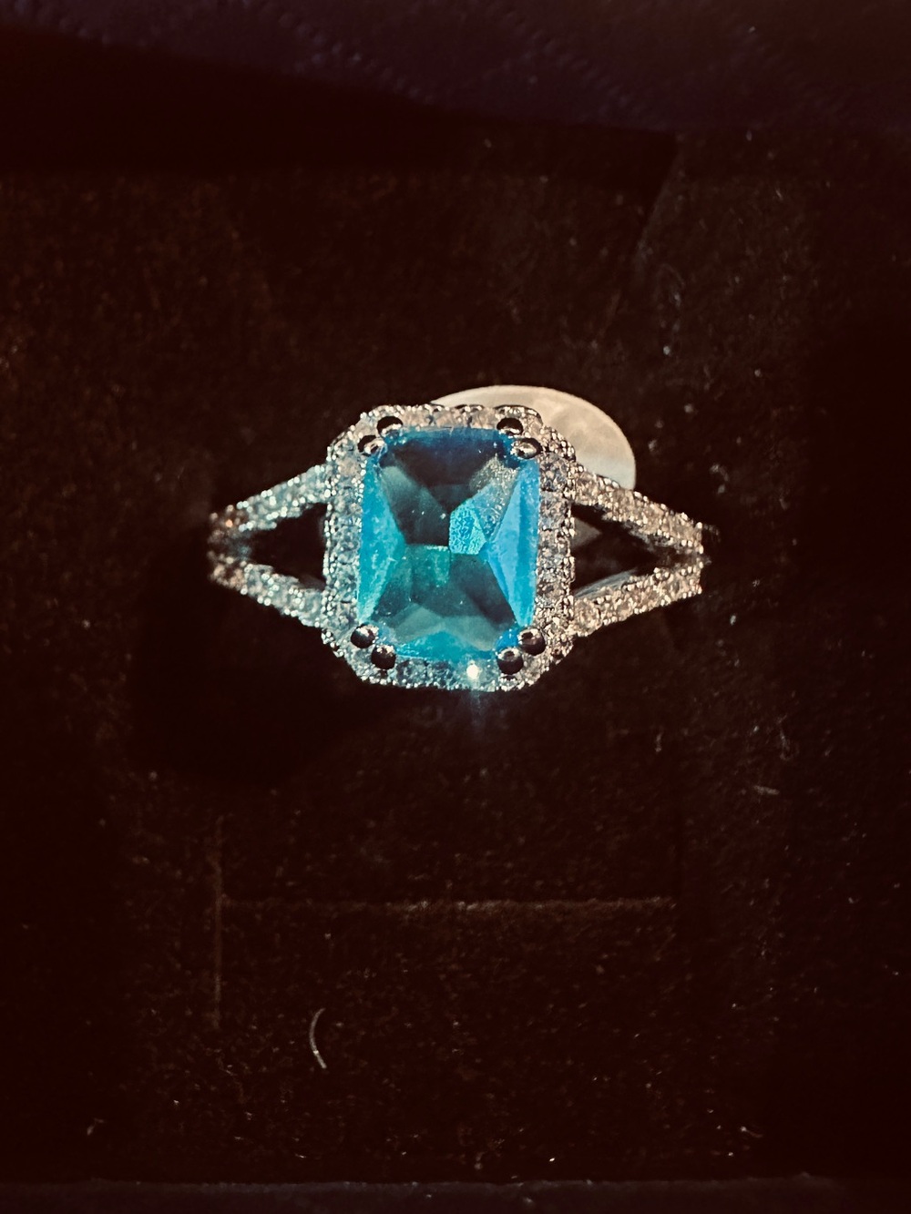 Blue Halo Emerald-Cut Stone Split Shank Ring - Women Jewelry